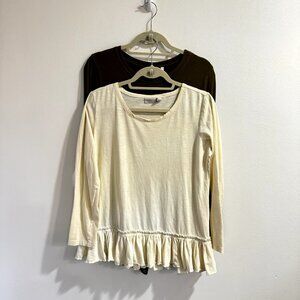 LOGO Lori Goldstein Set Lot 2 Shirts M Yellow Green Blouse Long Sleeve Stretch